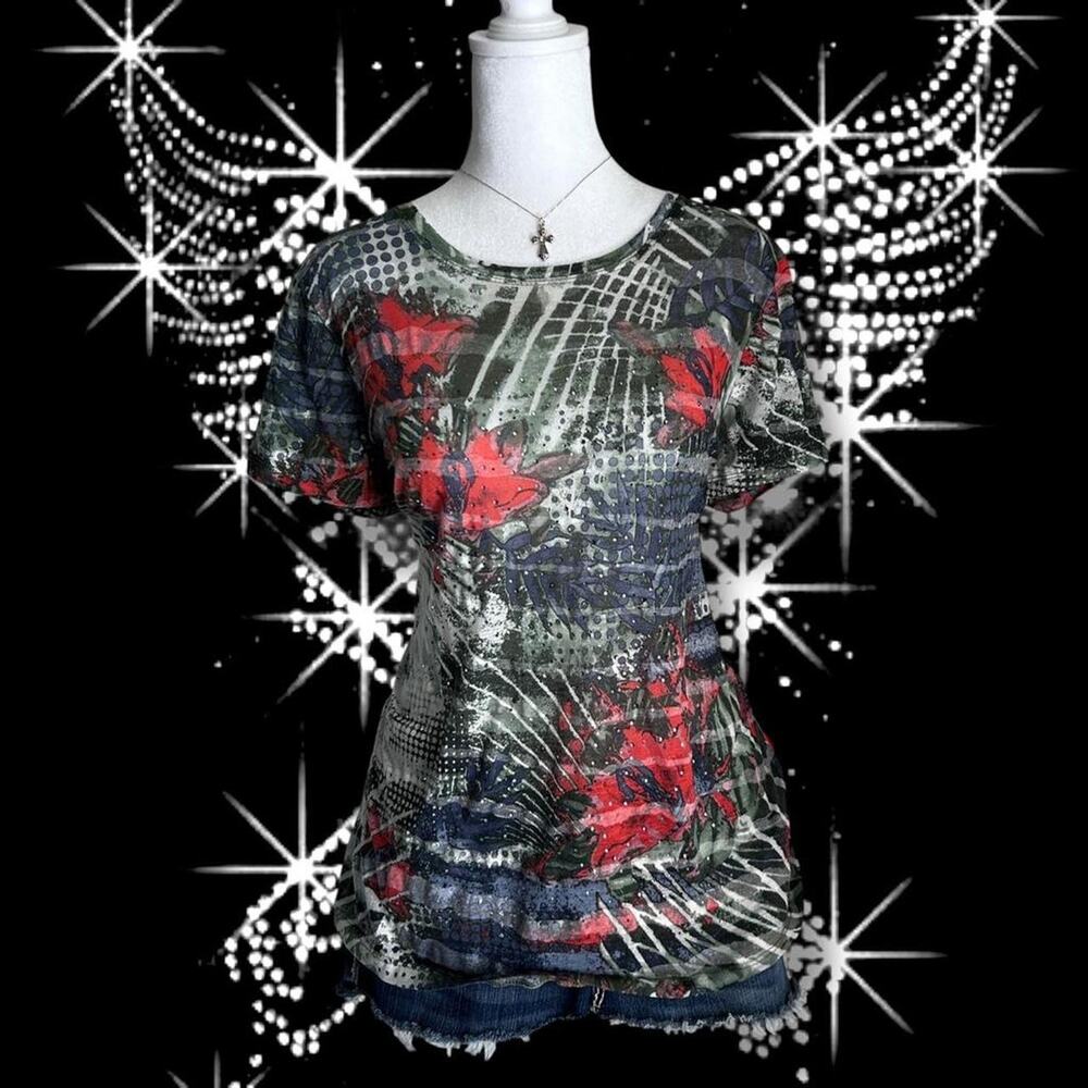 Sheer digital like print abstract top
